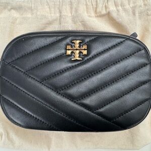 Tory Burch Black Quilted Leather Camera Crossbody with Gold Logo